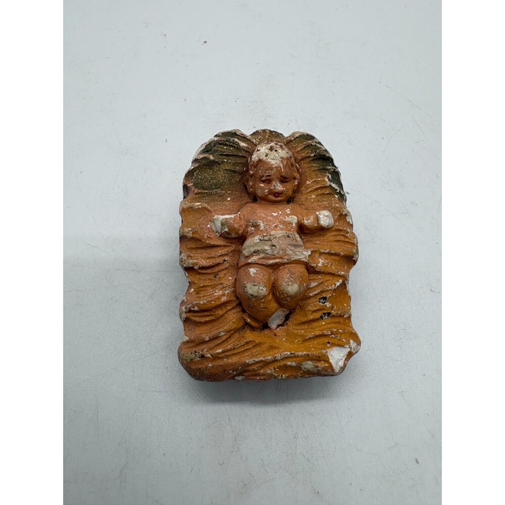 Vintage Rustic Baby Jesus in Nativity Crib Figurine Hand Painted Decor